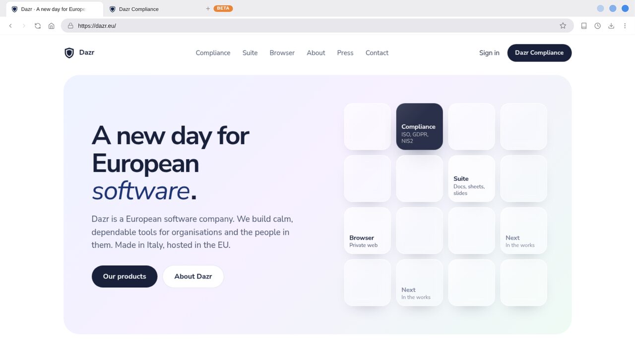 A janela do Dazr Browser a mostrar dazr.eu, com um segundo separador aberto no Dazr Compliance
