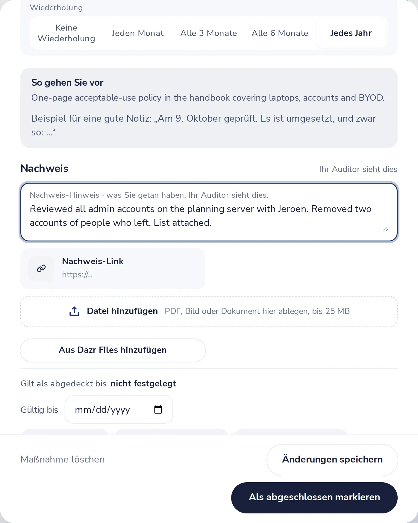 Aufschreiben, was Sie getan haben