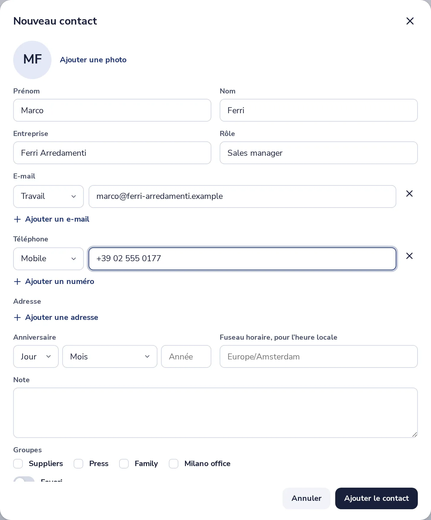 Cliquez sur Ajouter le contact