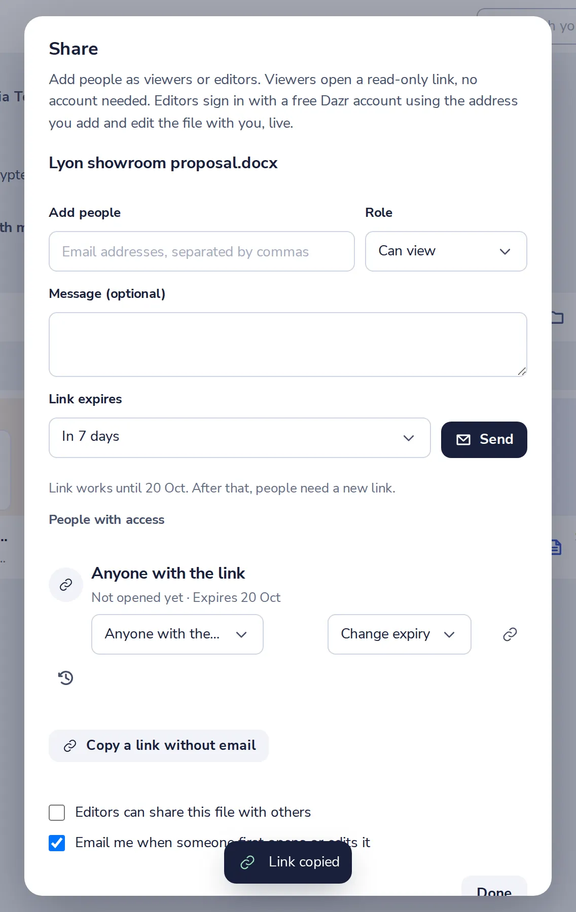 Press Copy a link without email
