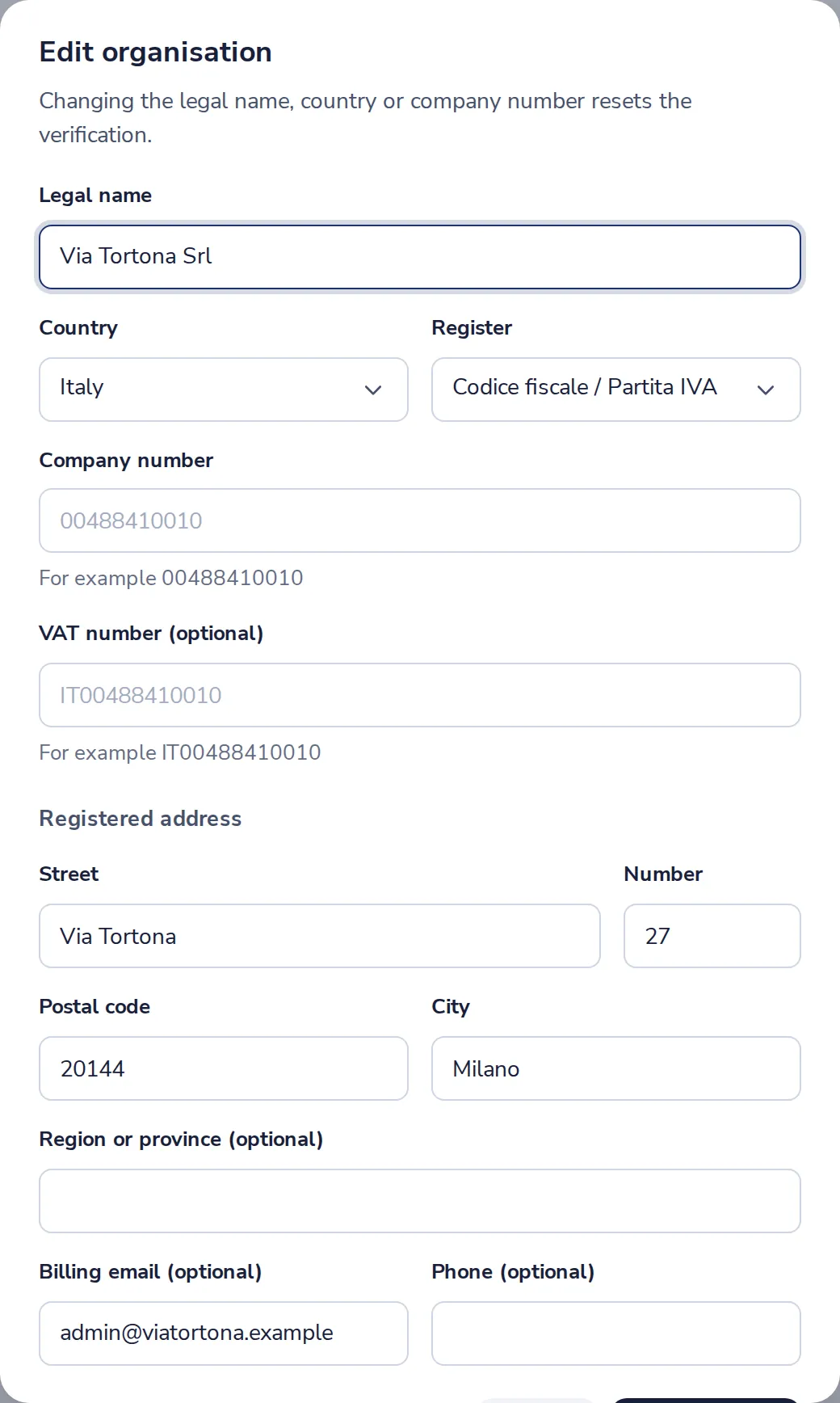 Press Edit under Legal details