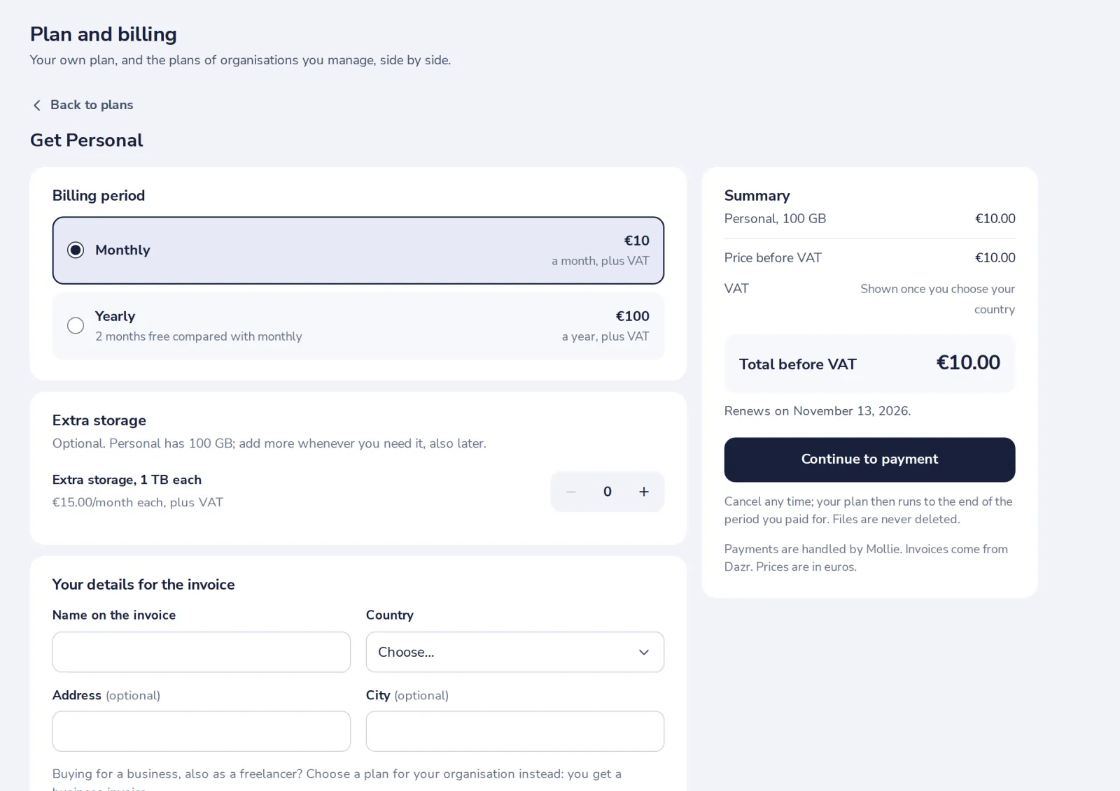 Fill in the invoice details and pay