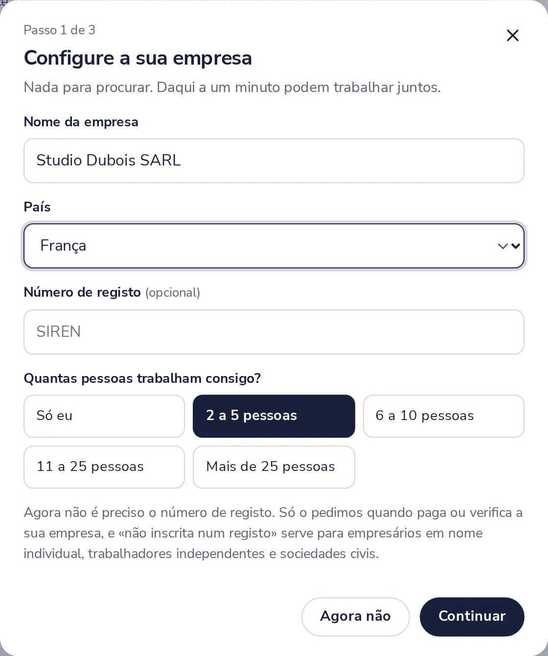 Nome, país e dimensão