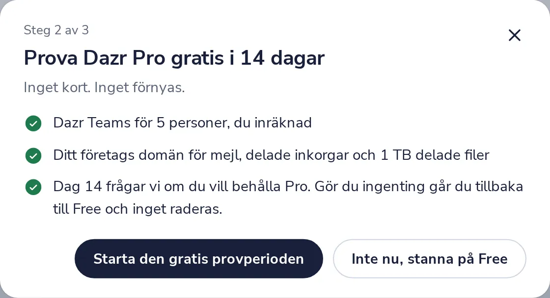 Starta den kostnadsfria provperioden, eller inte nu