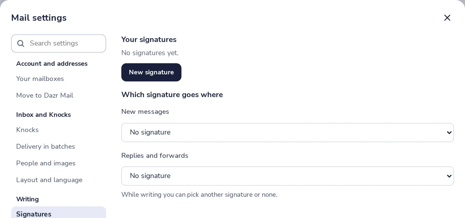 Open Signatures in settings
