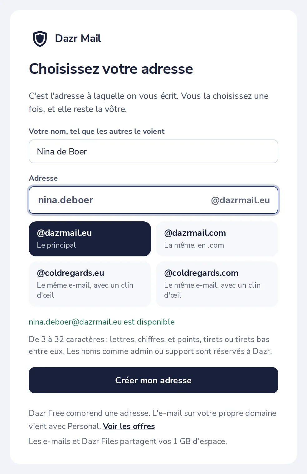 Tapez le nom souhaité