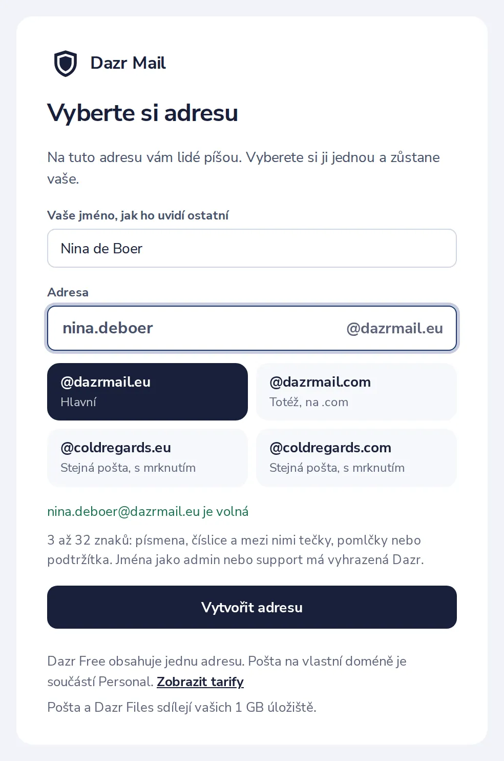 Klikněte na Vytvořit adresu