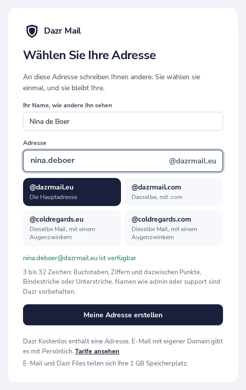 Auf Meine Adresse erstellen klicken