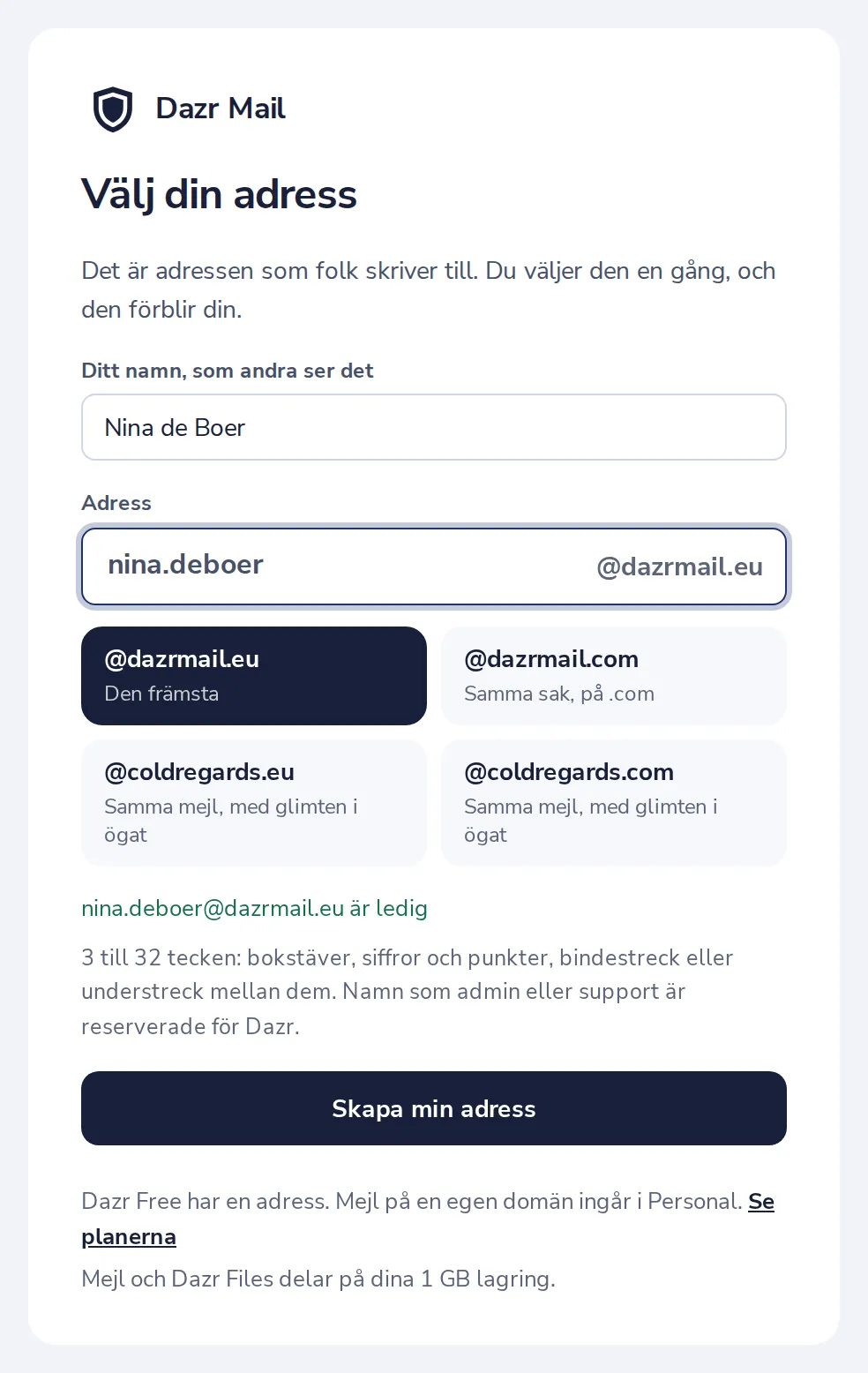 Tryck på Skapa min adress