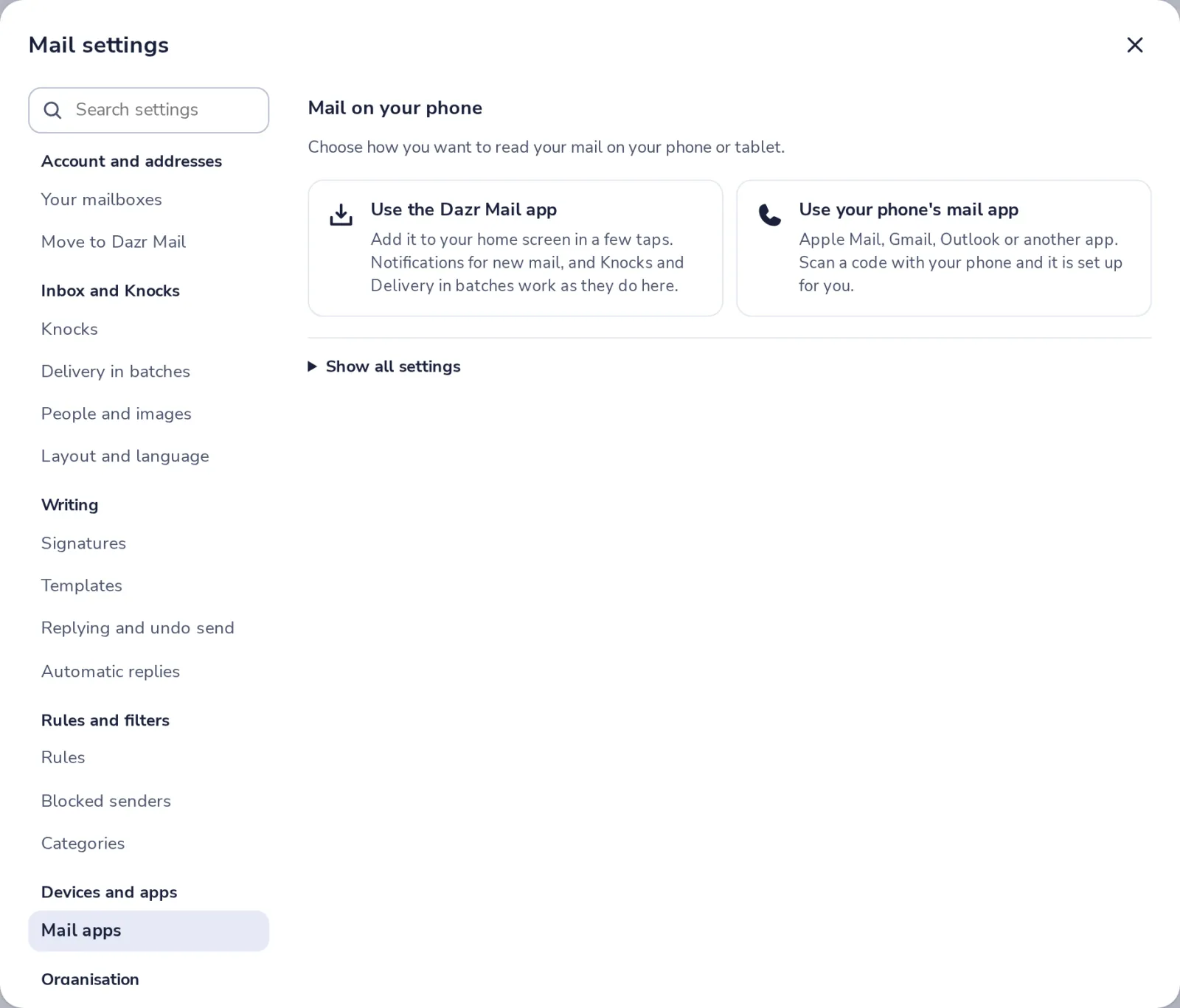 Open Mail apps in settings