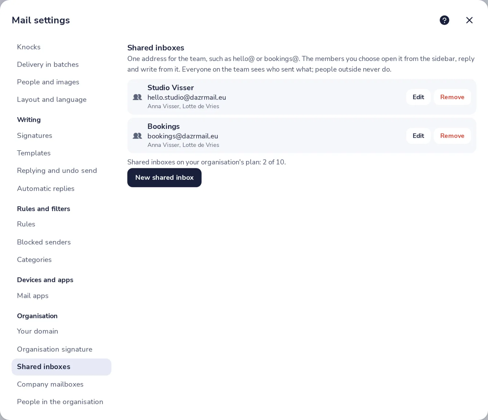 Press Create shared inbox