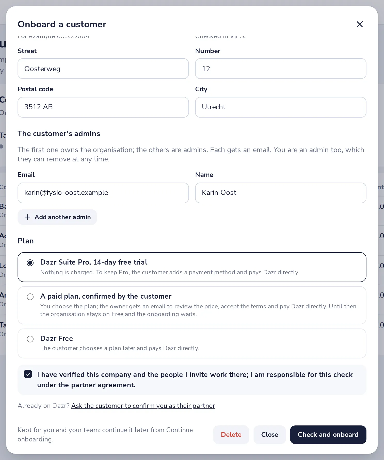 Add the customer's admins and the plan