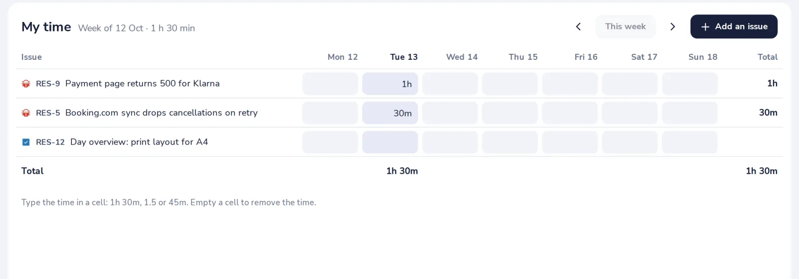 Fill in your week in My time