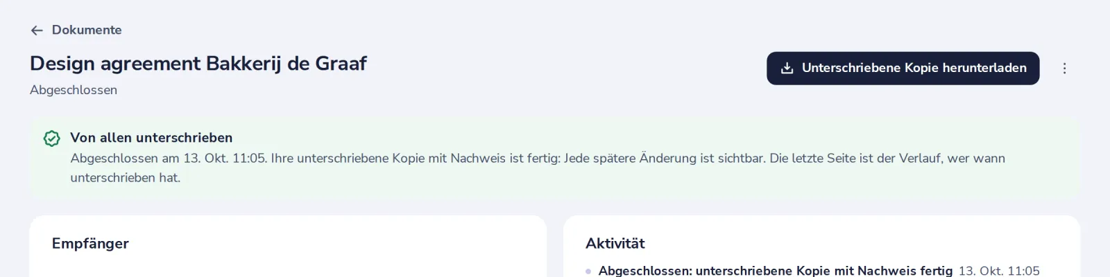 Die unterschriebene Kopie erhalten