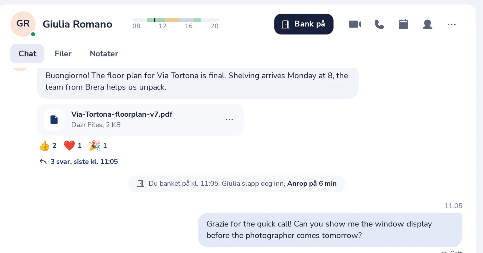 Ring, eller trykk på Bank på
