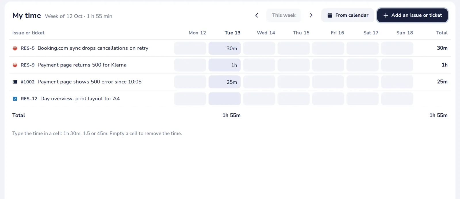 Type the time in the cell of a day