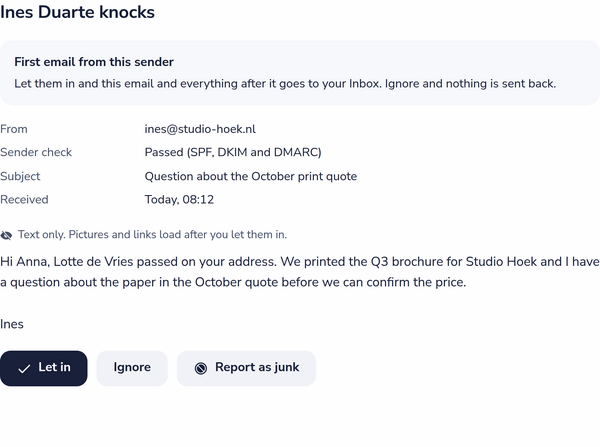A first email from a new sender in Knocks, with Let in, Ignore and Report as junk