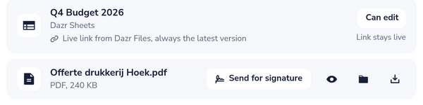 A live link to a spreadsheet and a PDF with Send for signature in an email