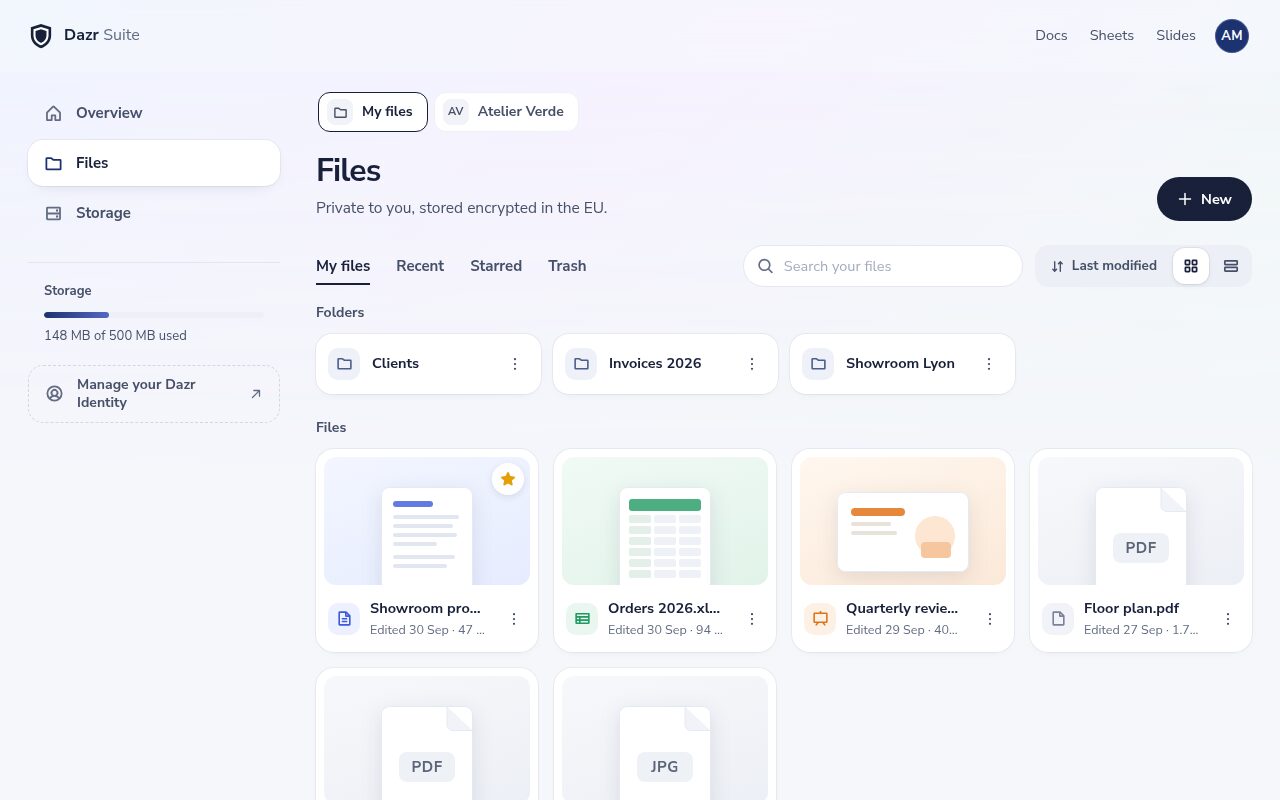 Dazr Files: pastas e documentos recentes, livros e apresentações, com o armazenamento utilizado na barra lateral